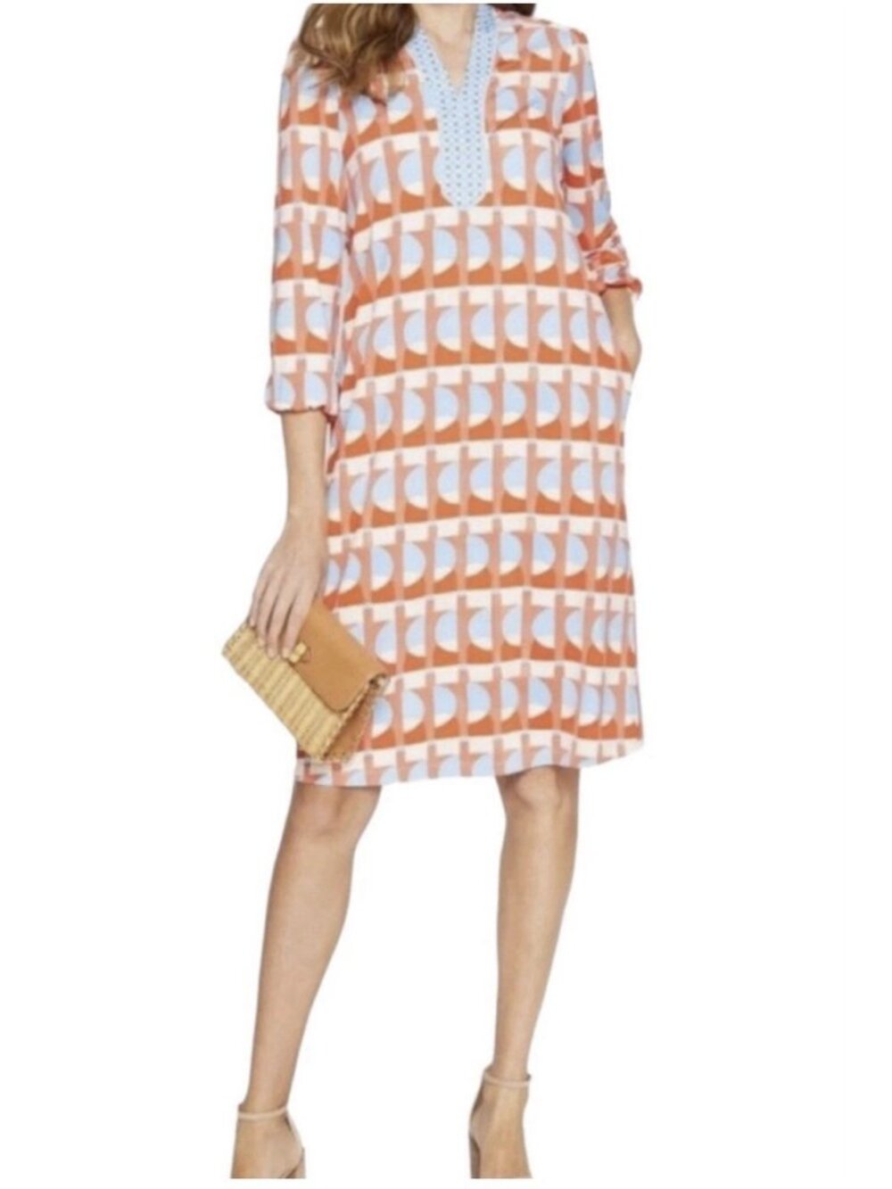 J McLaughlin Emer Shift Dress Women Large Blue Orange Coral Long Sleeve Pockets - Picture 2 of 12